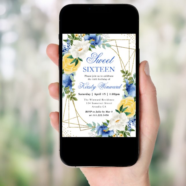 Blue and Yellow Flowers Gold Frame Sweet 16 Invitation (Front Digital)