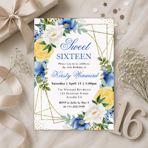 Blue and Yellow Flowers Gold Frame Sweet 16 Invitation