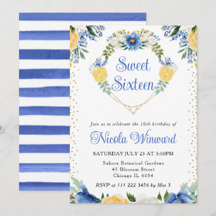 Blue and Yellow Flowers Heart Wreath Sweet 16 Invitation