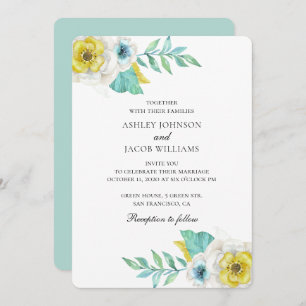 Blue and yellow flowers. Mint botanical wedding Invitation