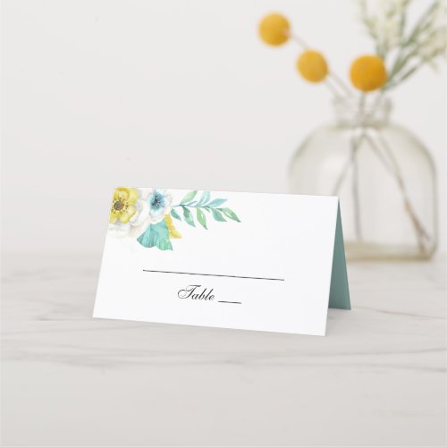 Blue and yellow flowers Mint botanical wedding Place Card