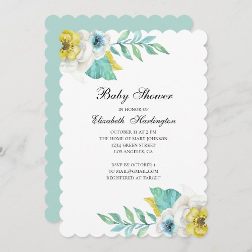 Blue and yellow flowers Mint floral baby shower Invitation