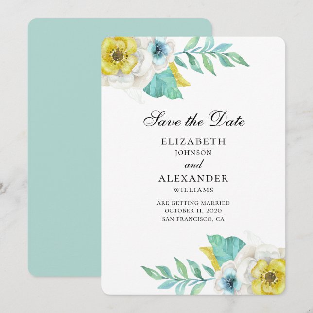 Blue and yellow flowers. Mint floral save the date Invitation (Front/Back)