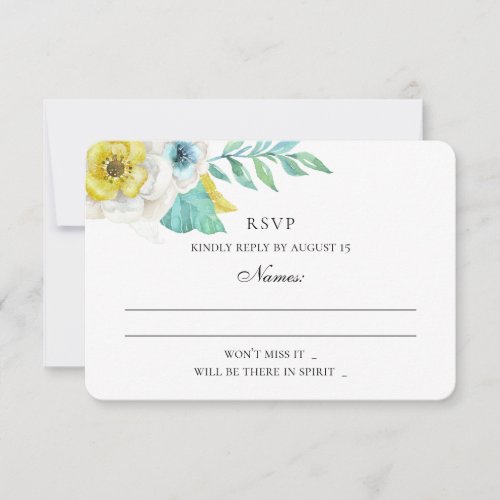 Blue and yellow flowers Mint floral wedding RSVP Card