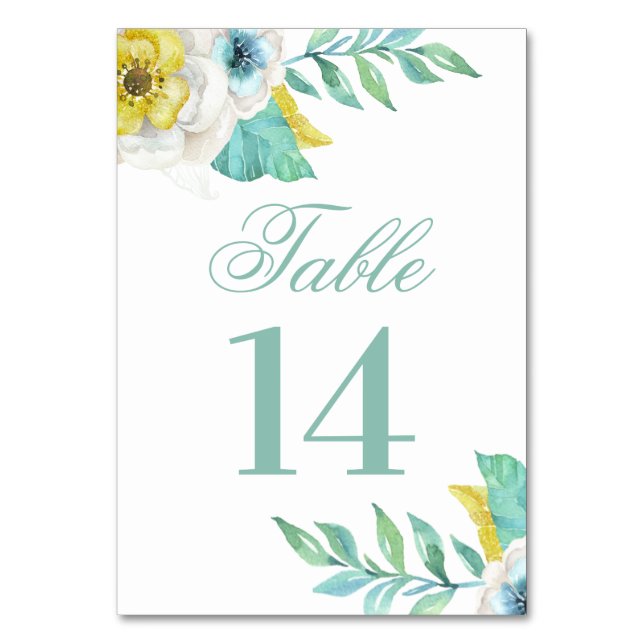 Blue and yellow flowers. Mint floral wedding Table Number (Front)