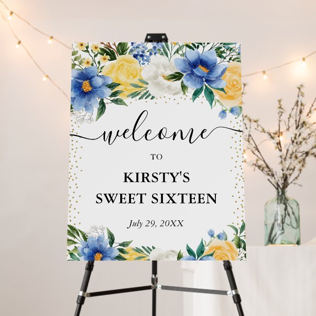 Blue and Yellow Flowers Sweet Sixteen Welcome Foam Board (In Situ (Stand))