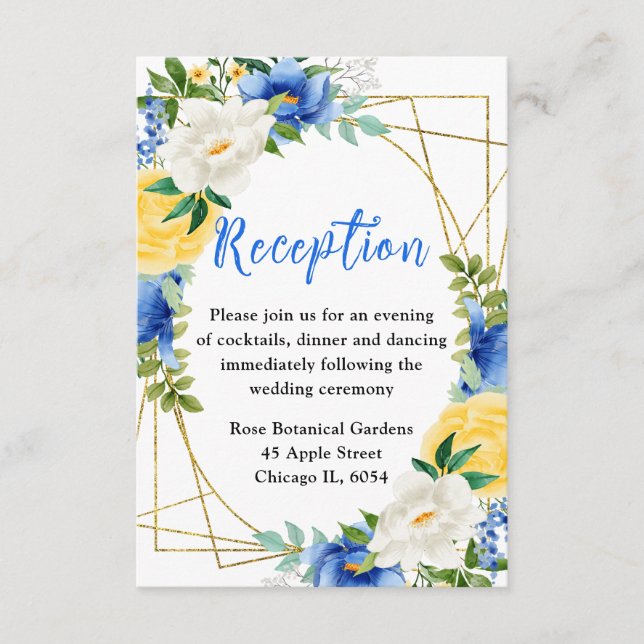 Blue and Yellow Flowers Wedding Reception Enclosure Card (Front)
