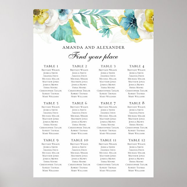 Blue and yellow flowers. Wedding seating chart (Front)