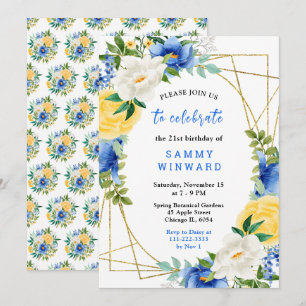 Blue and Yellow Flowers with Foliage Birthday Invitation