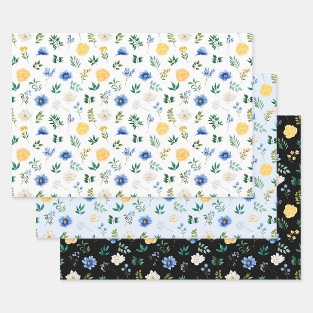 Blue and Yellow Flowers with Foliage Pattern Wrapping Paper Sheets (Set)