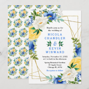 Blue and Yellow Flowers with Foliage Wedding Invitation