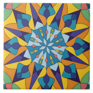 Blue and yellow fractal geometric pattern ceramic tile