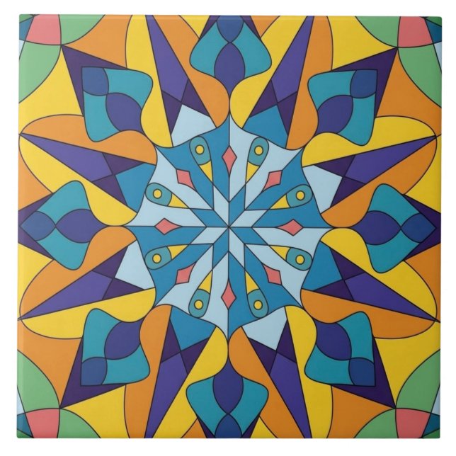 Blue and yellow fractal geometric pattern ceramic tile (Front)