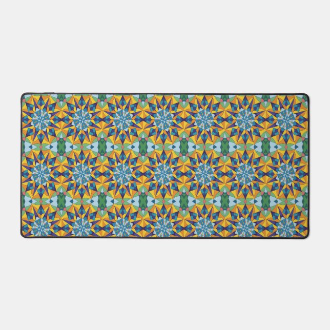 Blue and yellow fractal geometric pattern desk mat (Front)