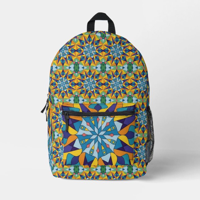 Blue and yellow fractal geometric pattern printed backpack (Front)
