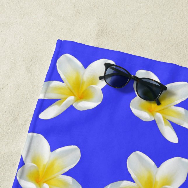 Blue And Yellow Frangipani Pattern, Beach Towel (In Situ)