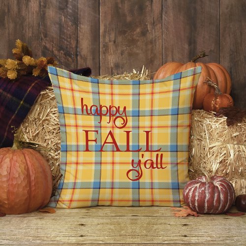 Blue and Yellow Gingham Plaid Happy Fall Yall Throw Pillow