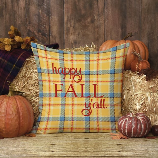 Blue and Yellow Gingham Plaid Happy Fall Y'all Throw Pillow (Creator Uploaded)