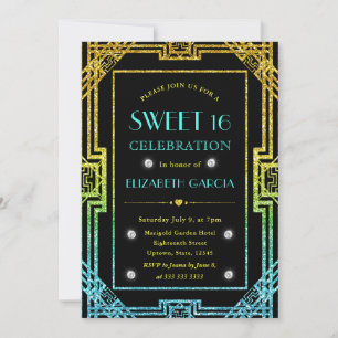Blue and Yellow Glitter Art Deco Frame Sweet 16 Invitation