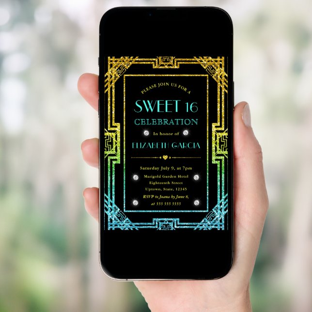 Blue and Yellow Glitter Art Deco Frame Sweet 16 Invitation (Front Digital)