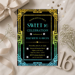 Blue and Yellow Glitter Art Deco Frame Sweet 16 Invitation
