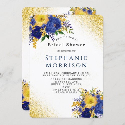 Blue and Yellow Gold Painted Floral Bridal Shower Invitation