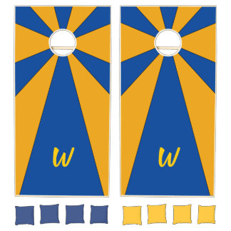 Blue and Yellow Gold Sunburst Pattern Monogram Cornhole Set