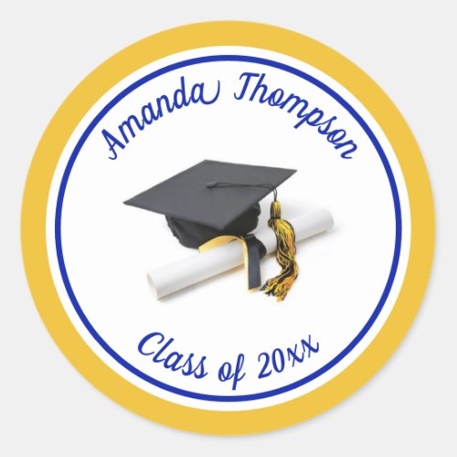 Blue and Yellow Graduation Cap and Tassel Classic Round Sticker