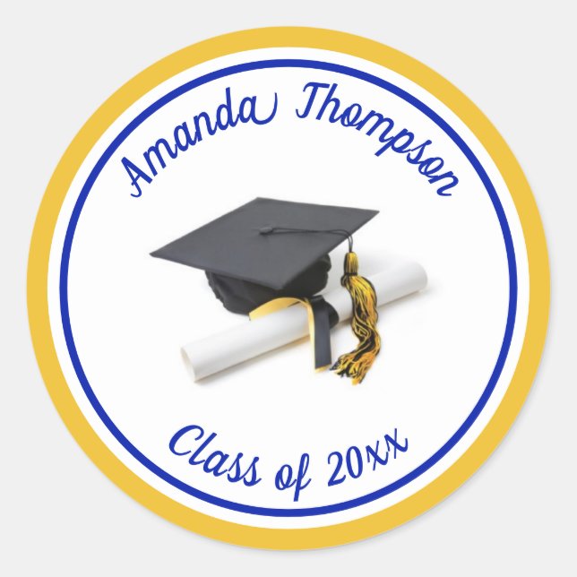 Blue and Yellow Graduation Cap and Tassel Classic Round Sticker (Front)