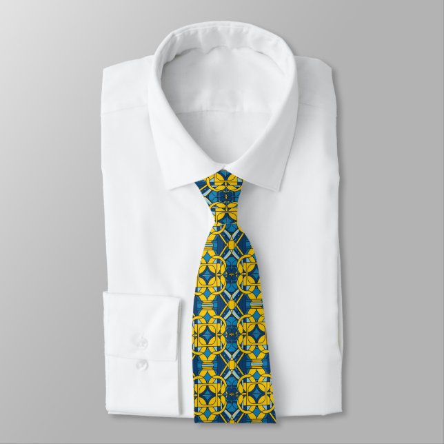 Blue and yellow grid pattern  neck tie (Tied)