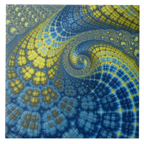 Blue and Yellow Groovy Batik Look Fractal Abstract Ceramic Tile
