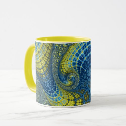Blue and Yellow Groovy Batik Look Fractal Abstract Mug