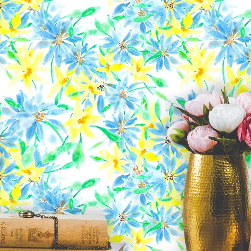 Blue and Yellow Hand_painted Watercolor Flowers Wallpaper