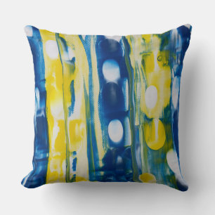 Blue and yellow handmade artwork throw pillow
