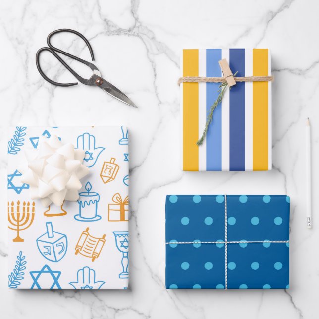 Blue and Yellow Hanukkah Wrapping Paper (Front)