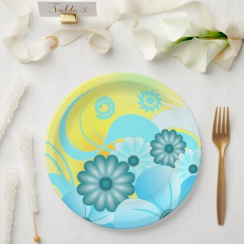 Blue And Yellow Hibiscus Floral Paper Plates by sunnymars at Zazzle