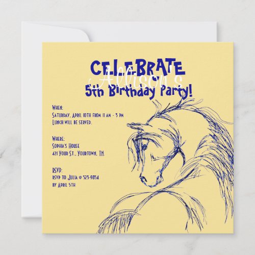 Blue and Yellow Horse Head Sketch Birthday Invite