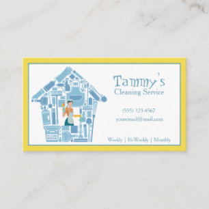 Blue and Yellow House Cleaning Service Business Ca Business Card