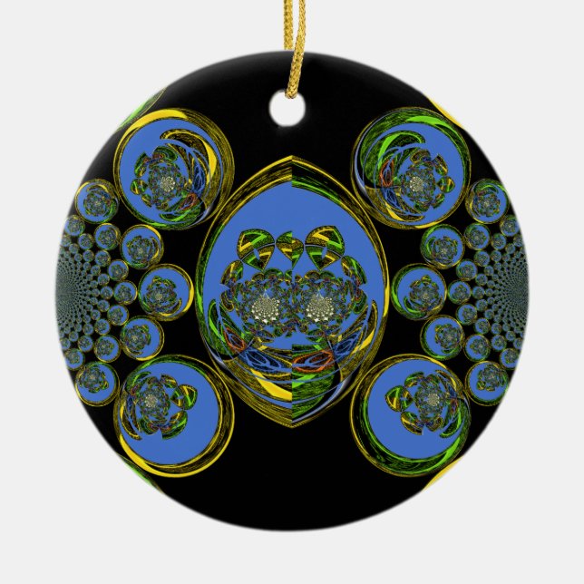 Blue and Yellow Kaleidoscope Art Print Ceramic Ornament (Front)