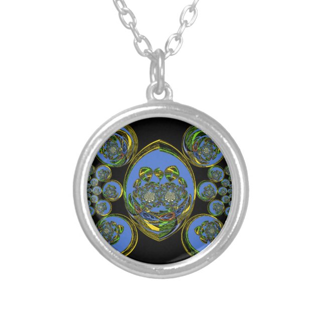 Blue and Yellow Kaleidoscope Art Print Silver Plated Necklace (Front)