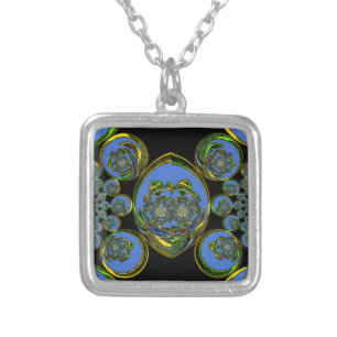 Blue and Yellow Kaleidoscope Art Print Silver Plated Necklace