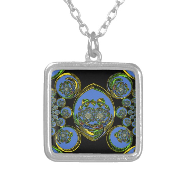 Blue and Yellow Kaleidoscope Art Print Silver Plated Necklace (Front)