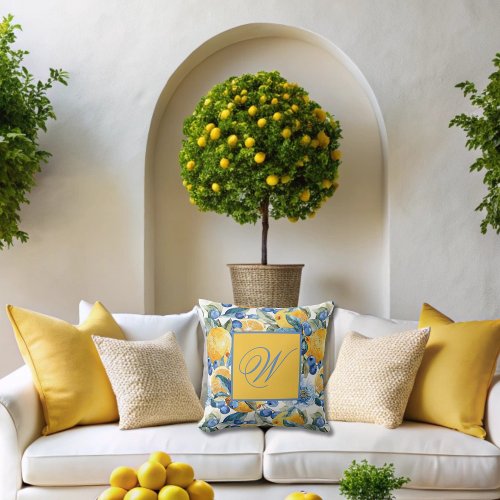 Blue and Yellow Lemon Throw Pillow