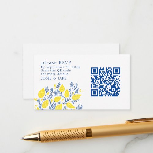 Blue and yellow lemon vines RSVP QR Code Enclosure Card