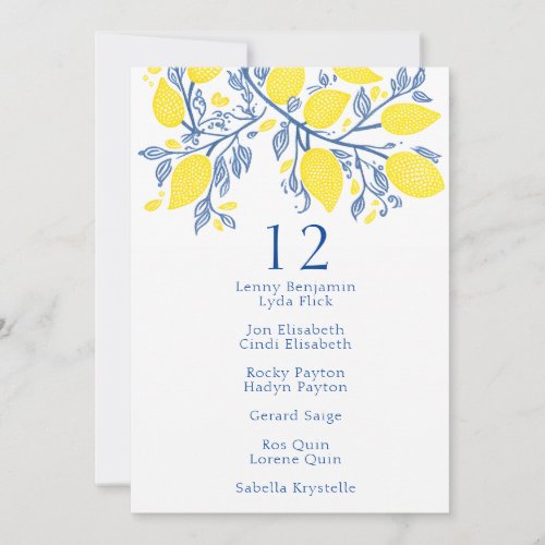 Blue and yellow lemon vines table Seating Chart Invitation