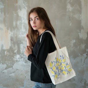 Blue and yellow lemon vines tote bag