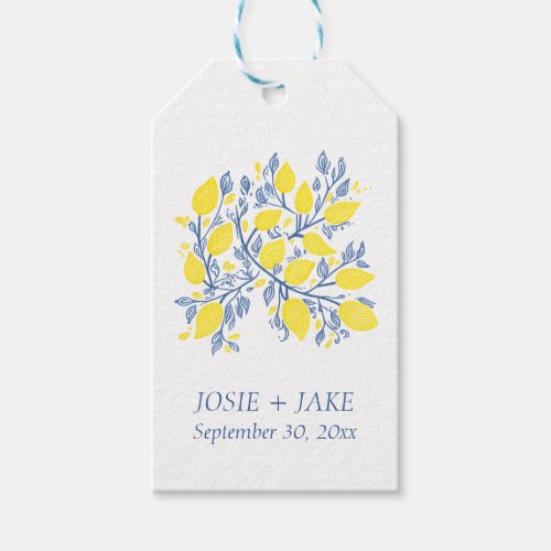 Blue and yellow lemon vines wedding favor tag