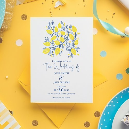 Blue and yellow lemon vines Wedding Invitation