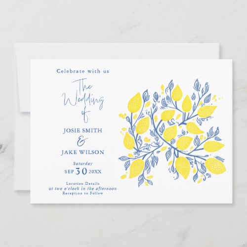 Blue and yellow lemon vines wedding invitation