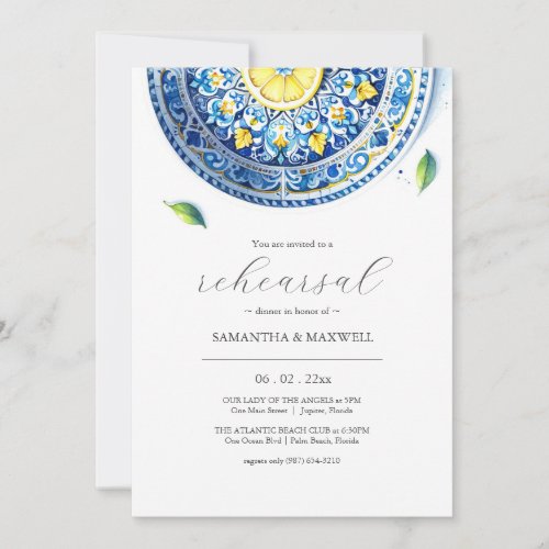 Blue and Yellow Lemon Wedding Rehearsal Dinner Invitation